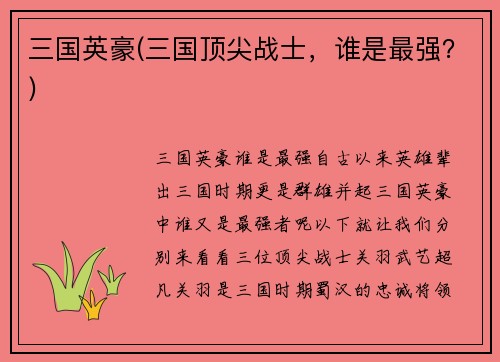 三国英豪(三国顶尖战士，谁是最强？)